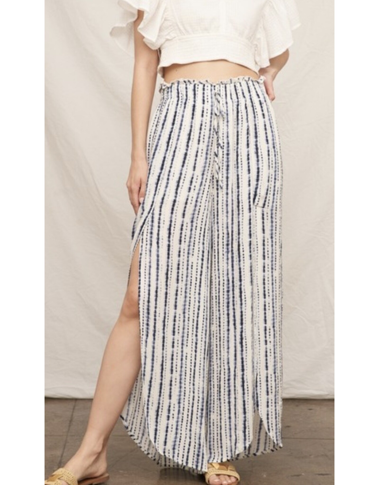 Navy Front Slit Striped Pants