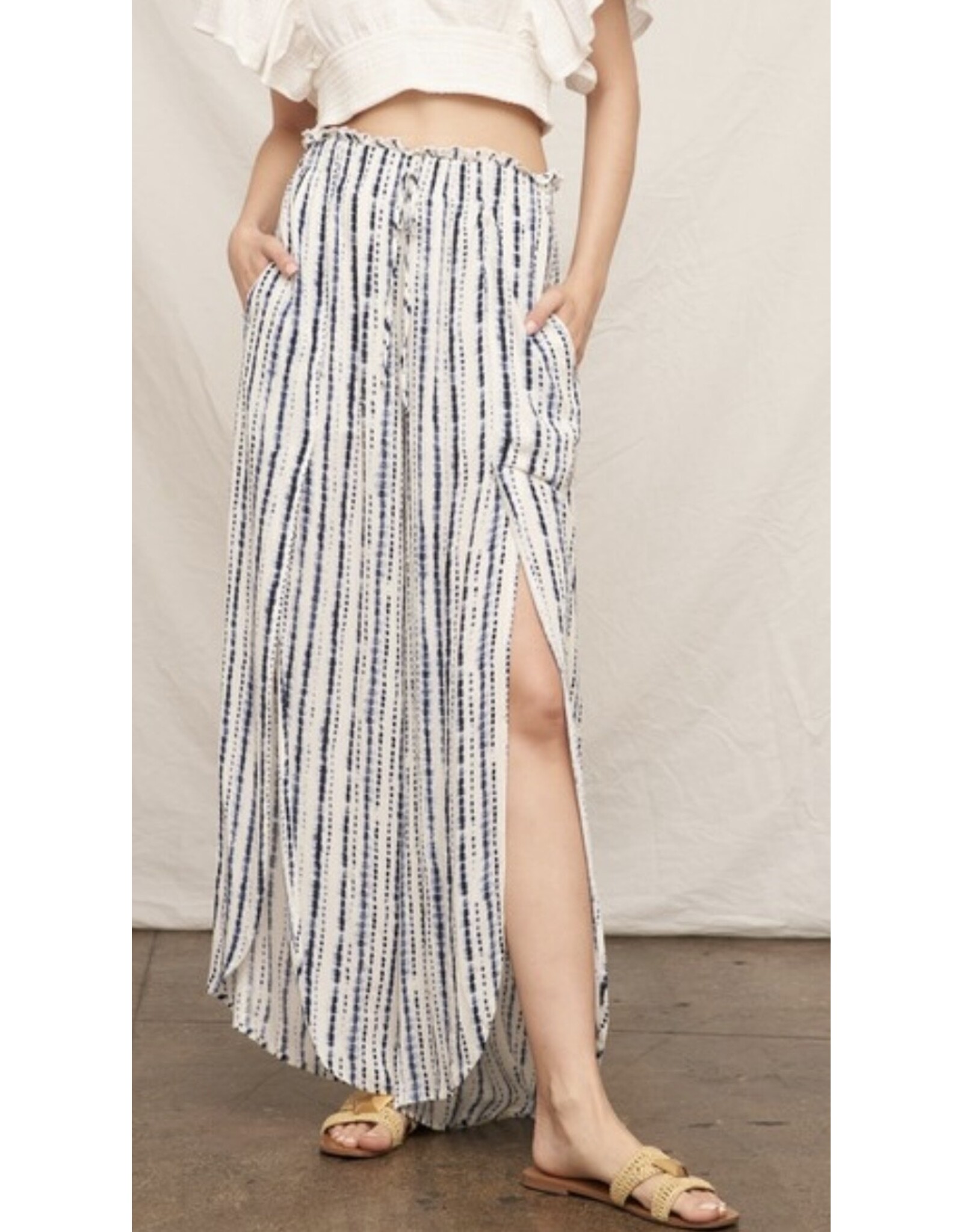 Navy Front Slit Striped Pants