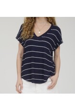 Navy Stripe V Neck Cuffed Knit Top