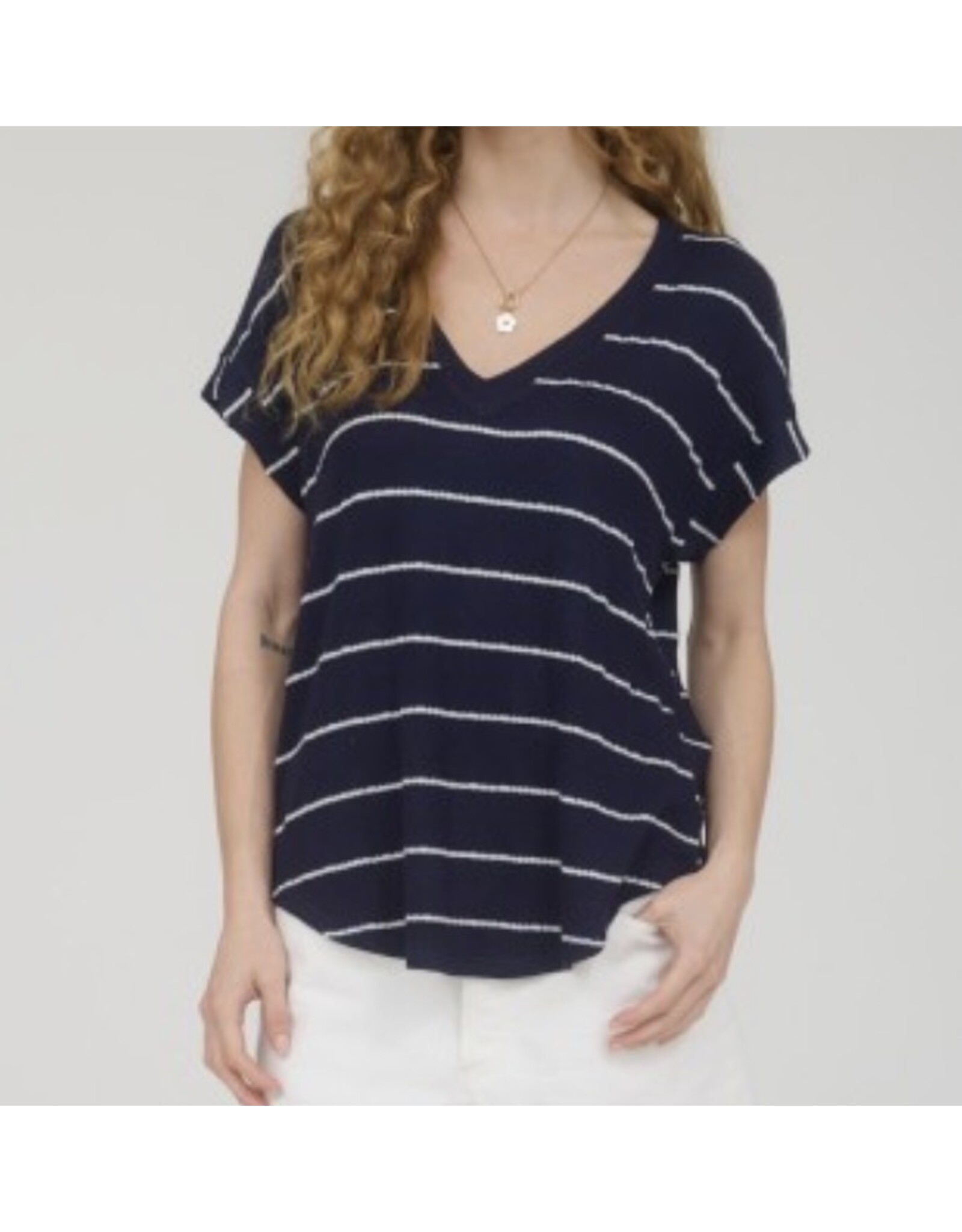 Navy Stripe V Neck Cuffed Knit Top