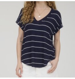 Navy Stripe V Neck Cuffed Knit Top