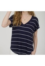 Navy Stripe V Neck Cuffed Knit Top