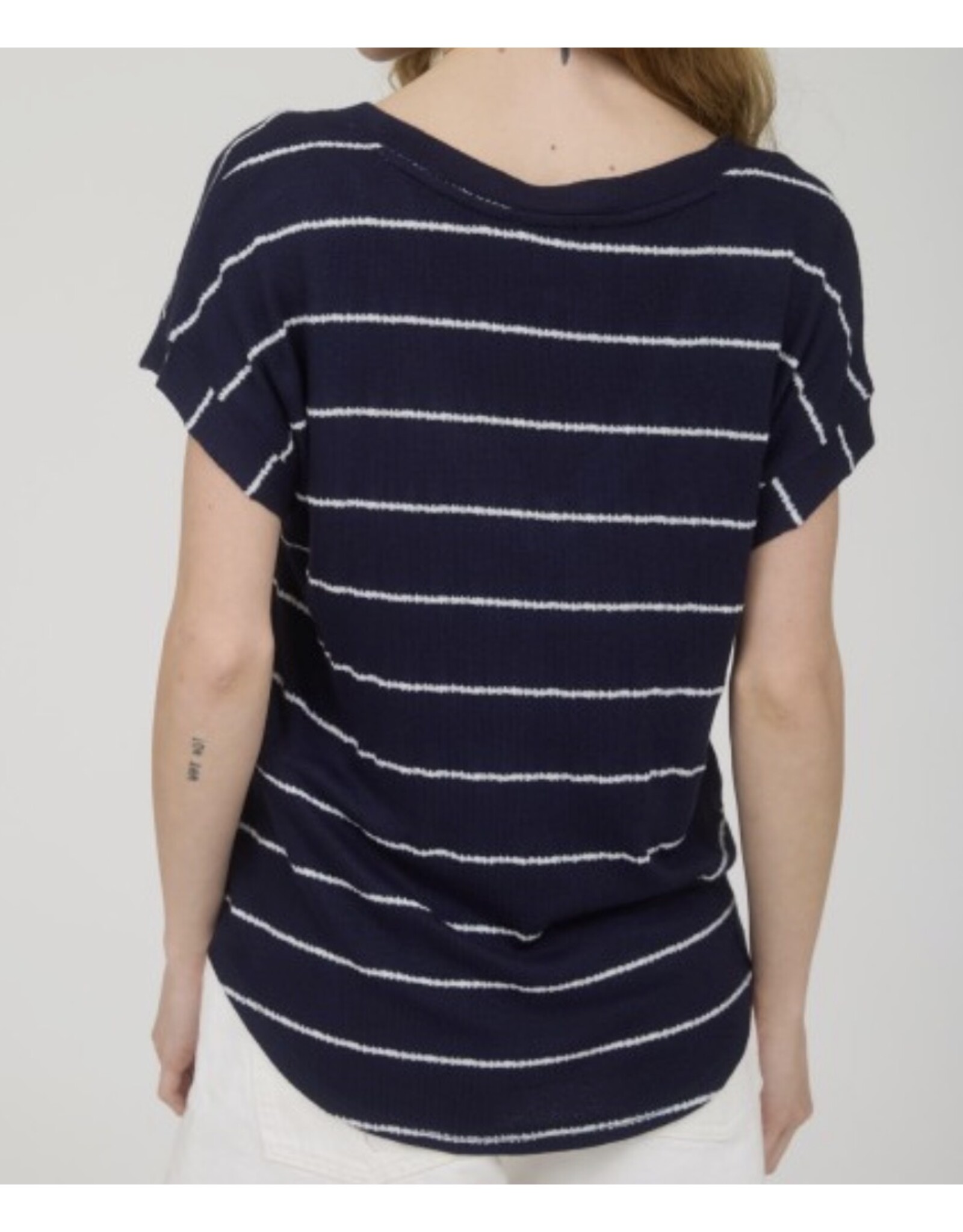 Navy Stripe V Neck Cuffed Knit Top