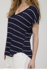 Navy Stripe V Neck Cuffed Knit Top