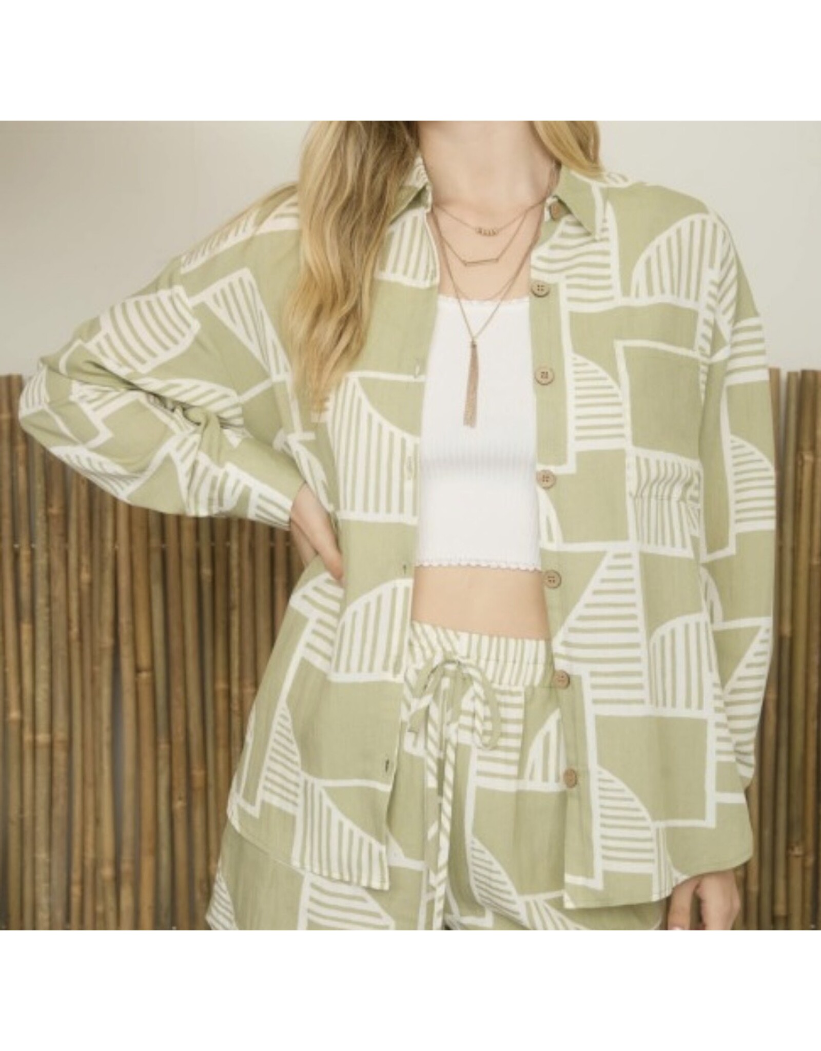 Olive Print Long Slv Shirt