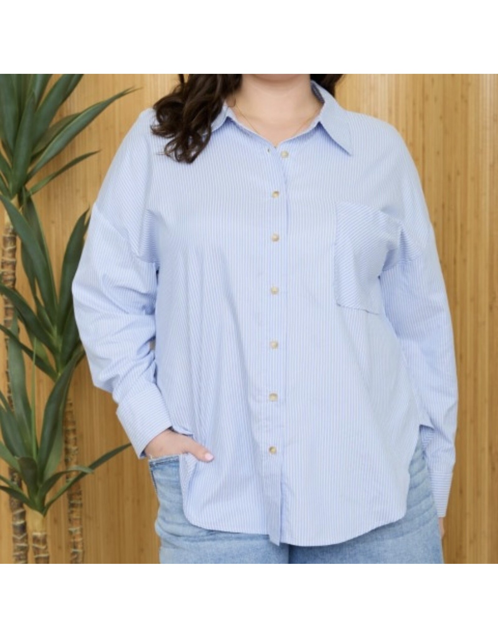 Plus Stripe Long Slv Collared Shirt