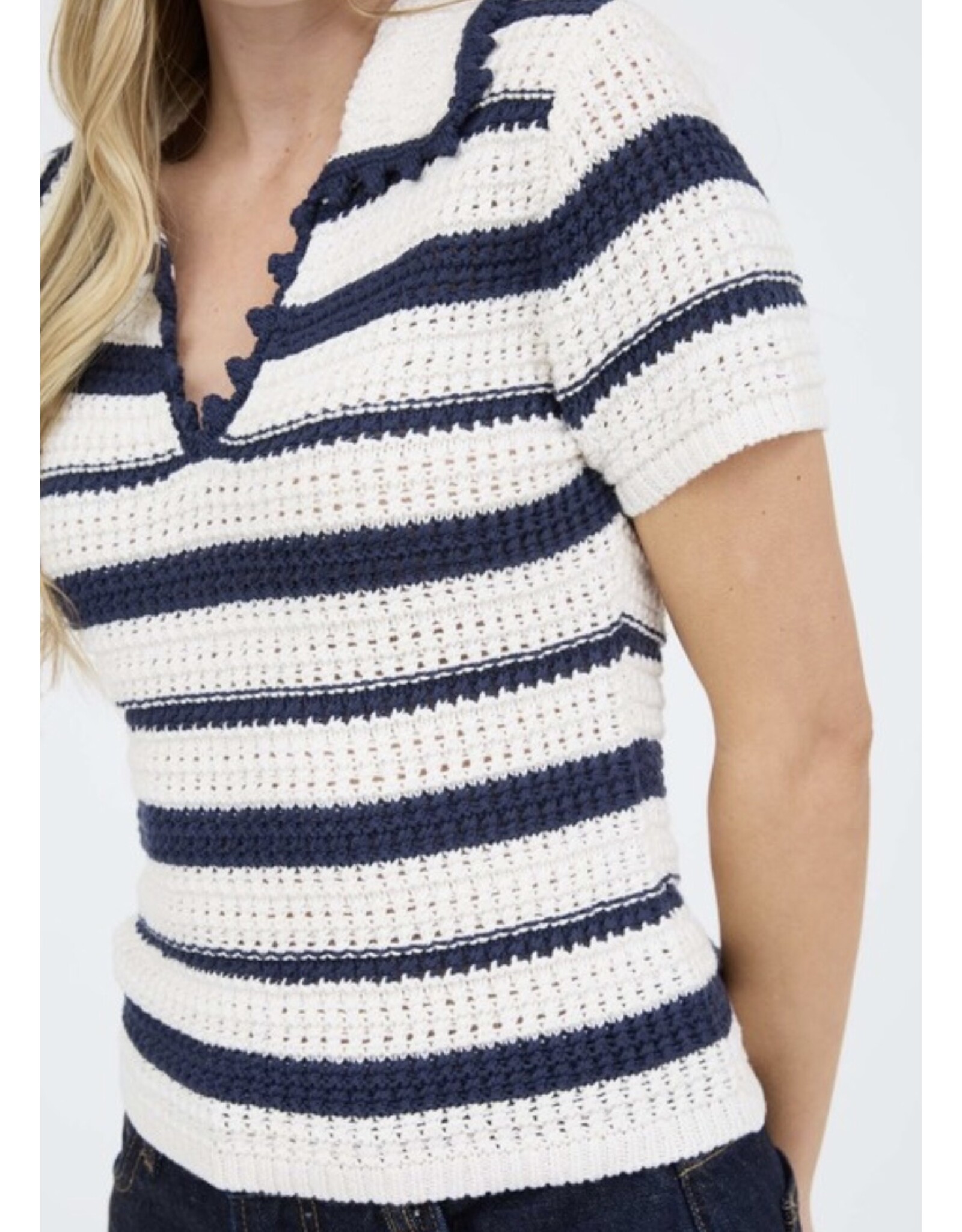 Navy Stripe w/ Scallop Trim Top