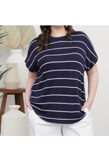 Navy Stripe Short Cuff Sleeve Knit Top