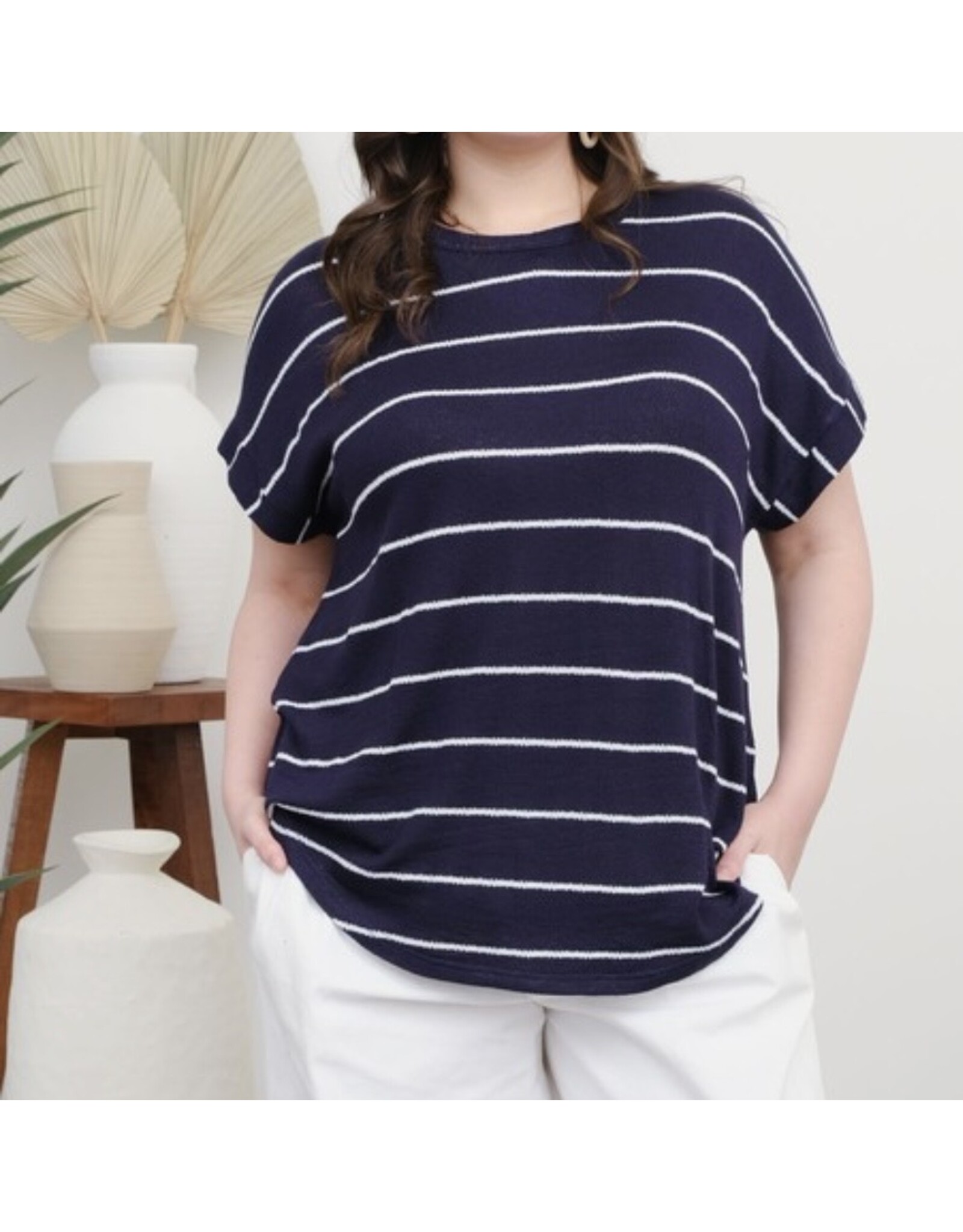 Navy Stripe Short Cuff Sleeve Knit Top