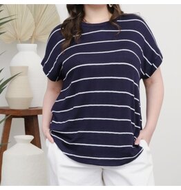 Navy Stripe Short Cuff Slv Knit Top