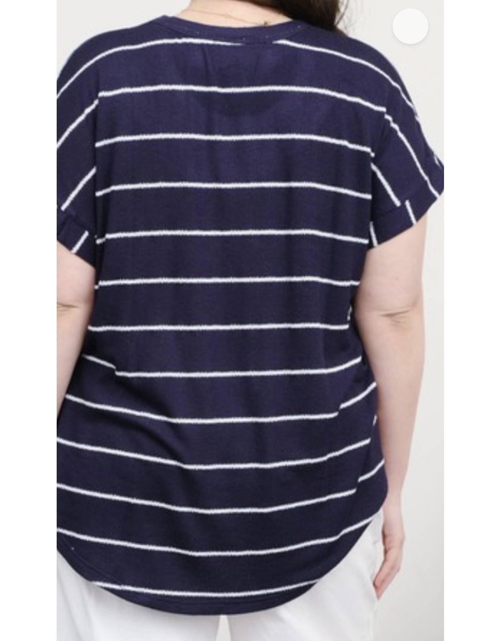 Navy Stripe Short Cuff Sleeve Knit Top