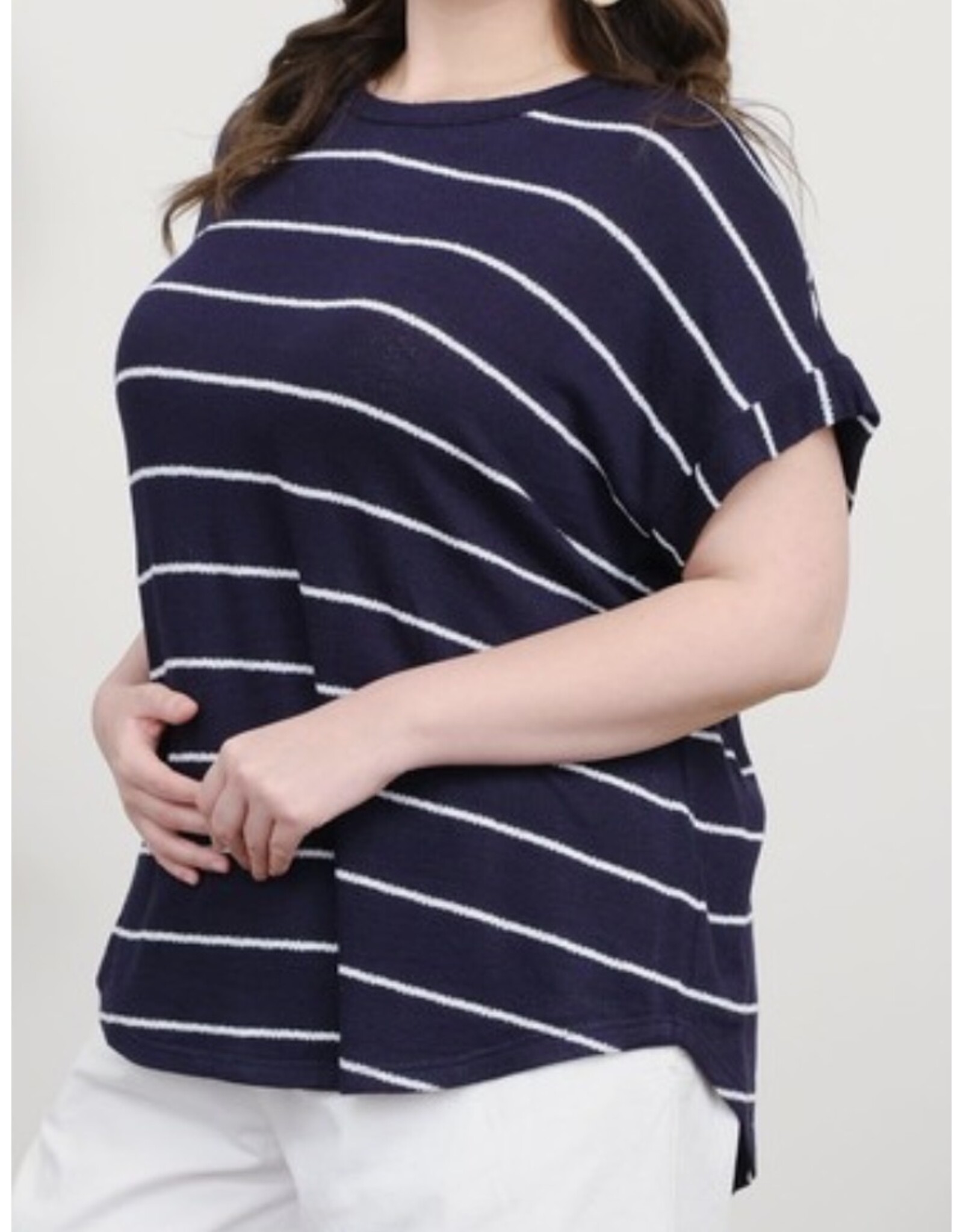 Navy Stripe Short Cuff Sleeve Knit Top
