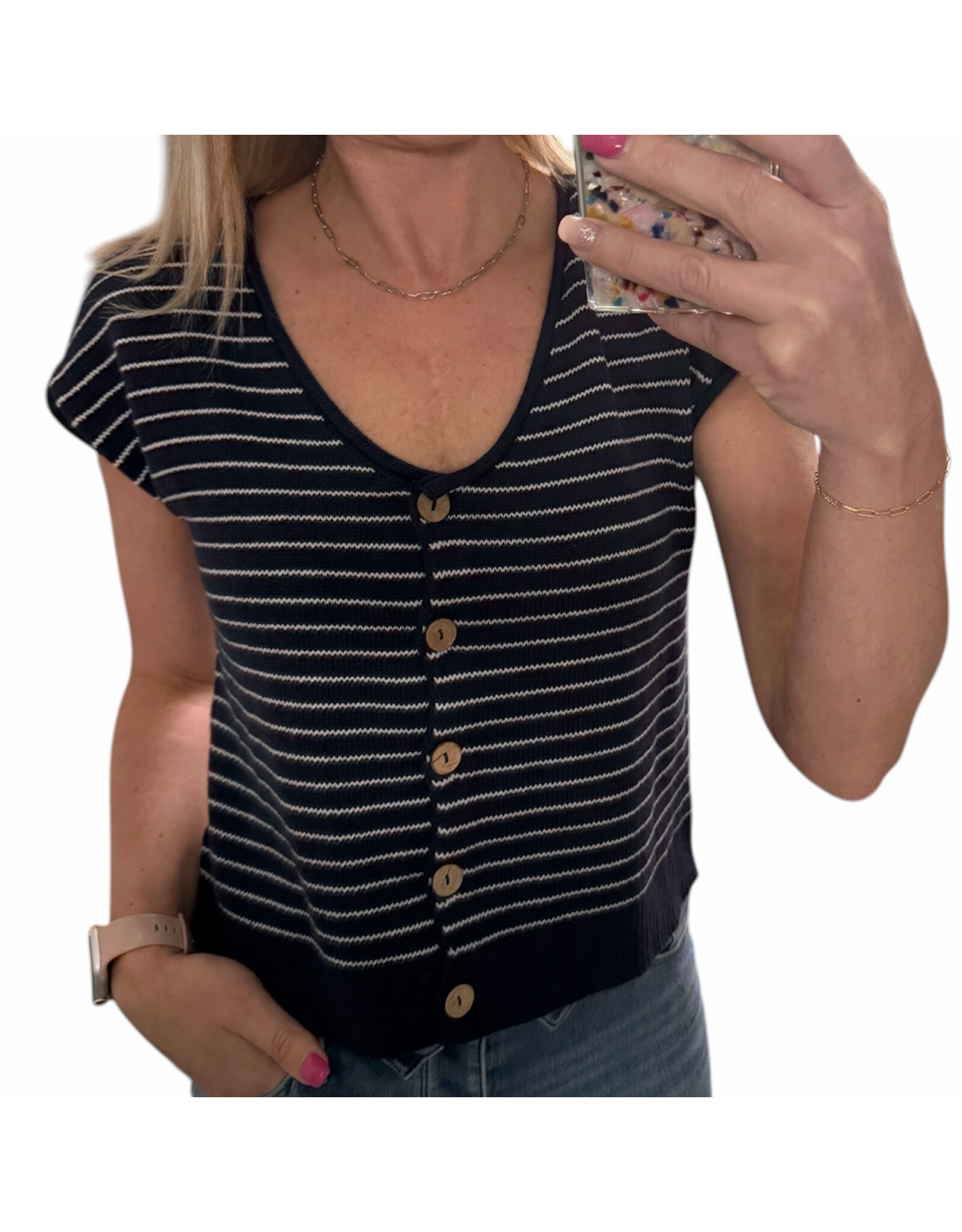 Stripe raw edge s/s cardigan