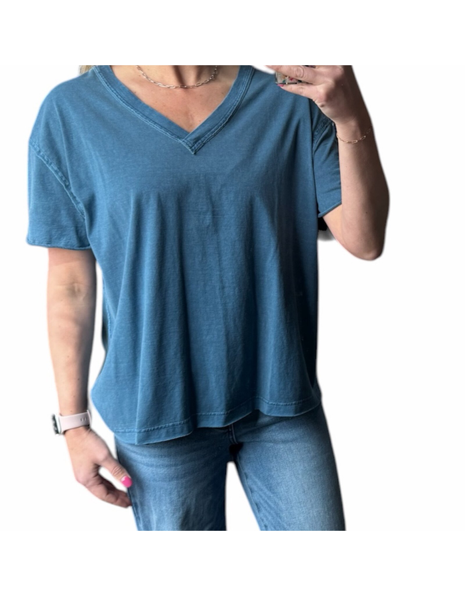 Relaxed washed s/s v neck knit