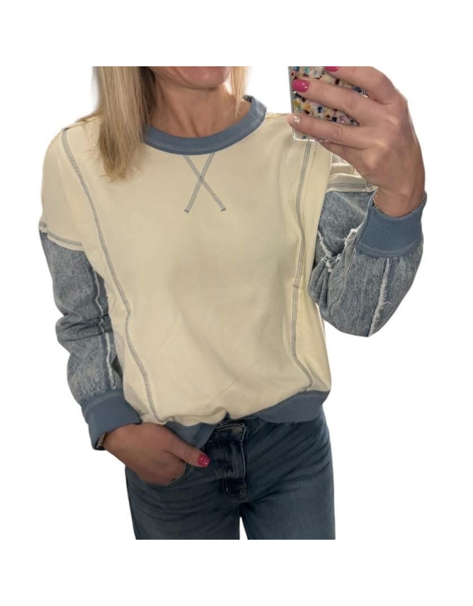 LATA Mix Media Denim Sleeve Knit Top