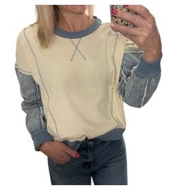 LATA Mix Media Denim Sleeve Knit Top