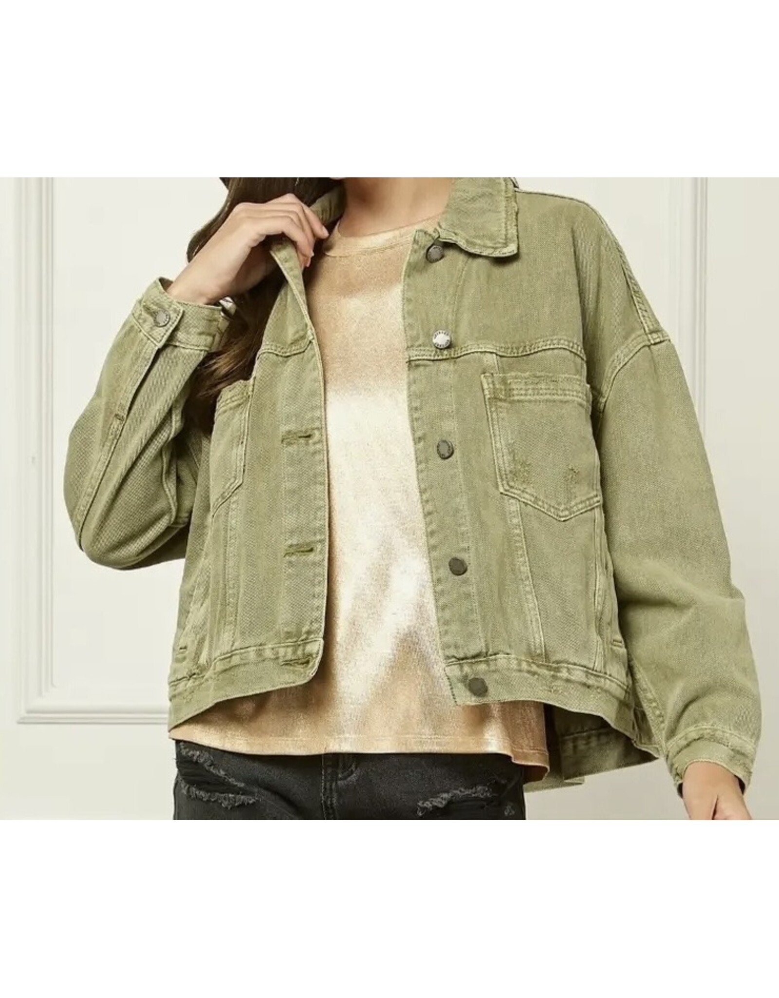 Olive Pleated Back Denim Oversized Jacket