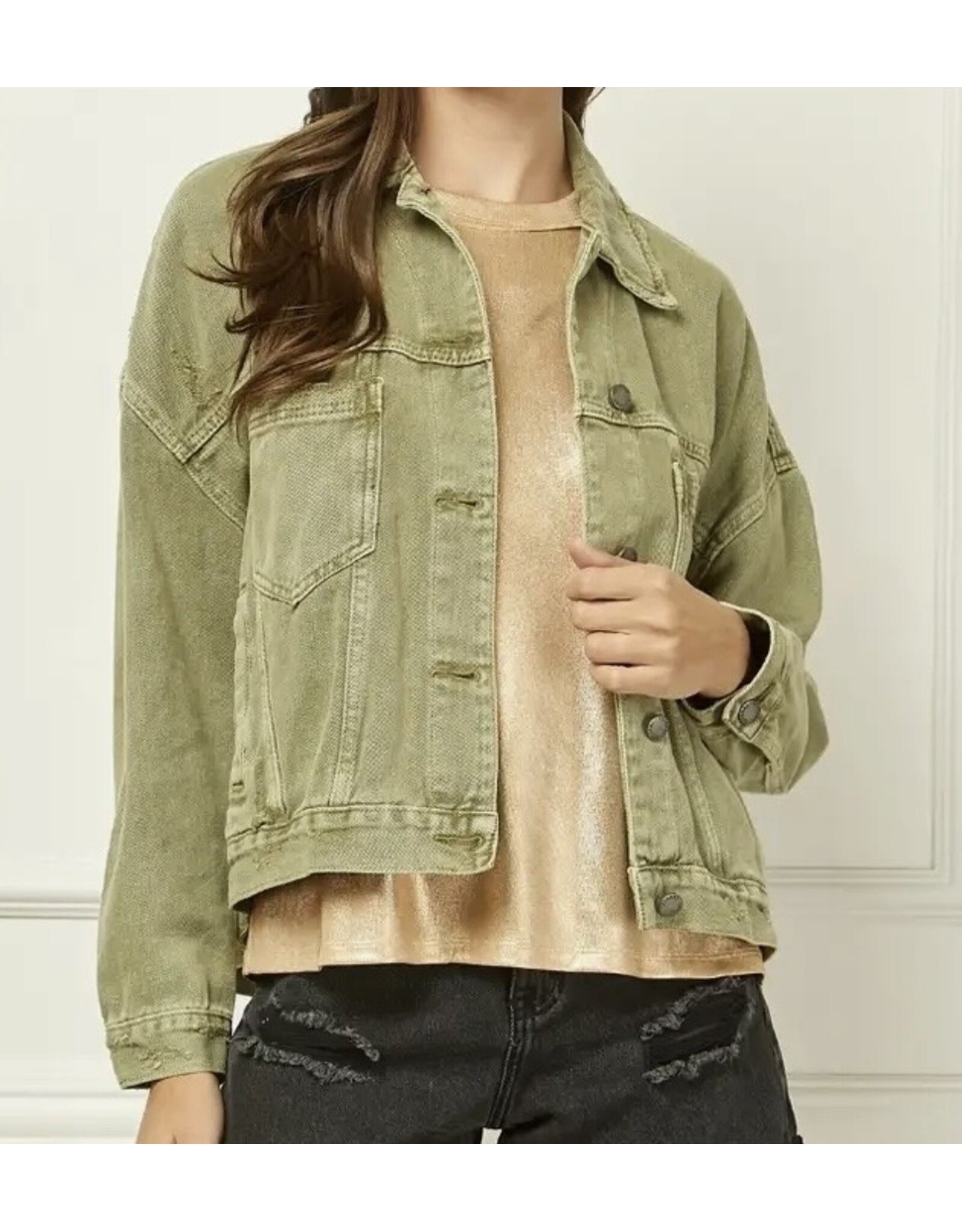 Olive Pleated Back Denim Oversized Jacket