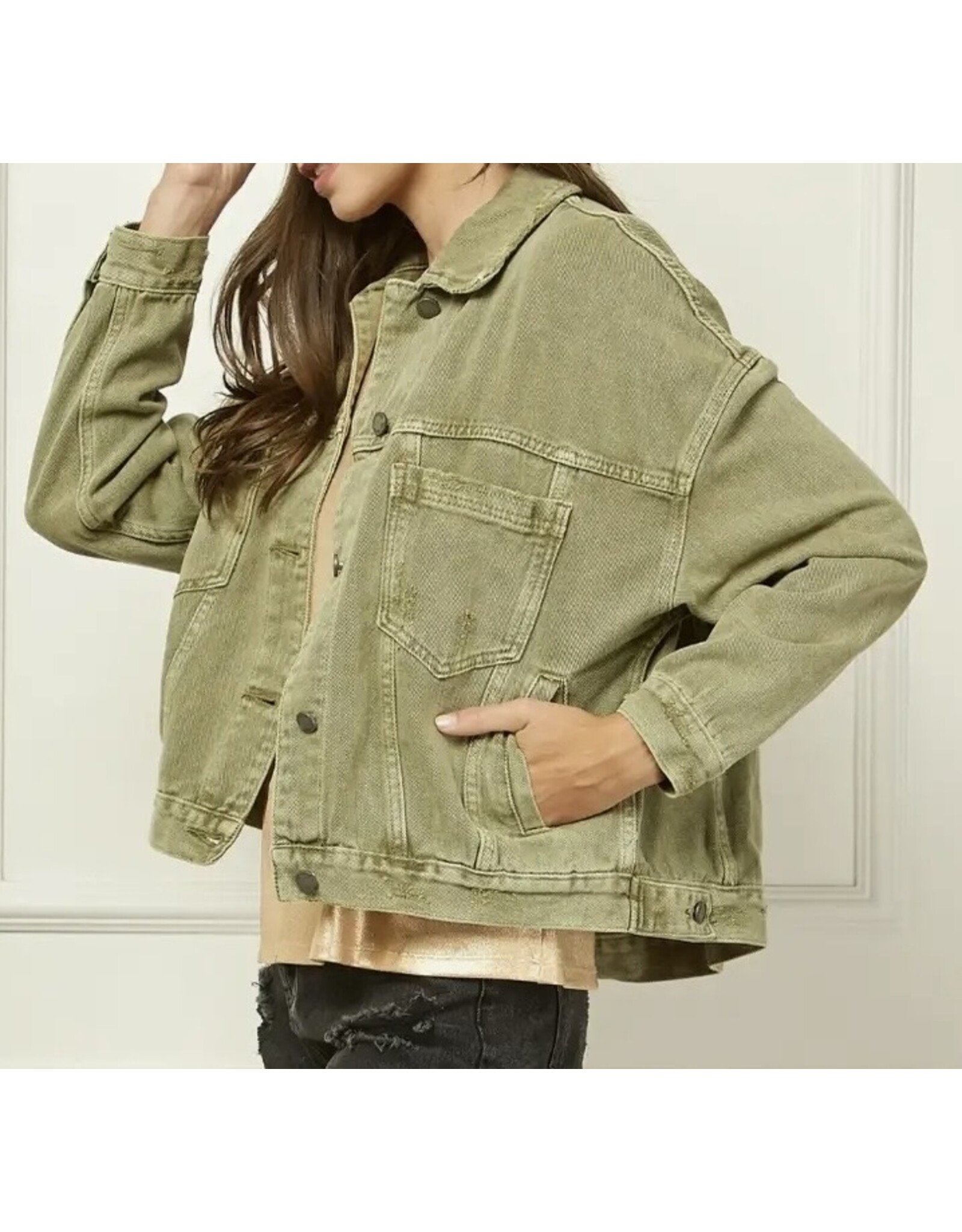 Olive Pleated Back Denim Oversized Jacket