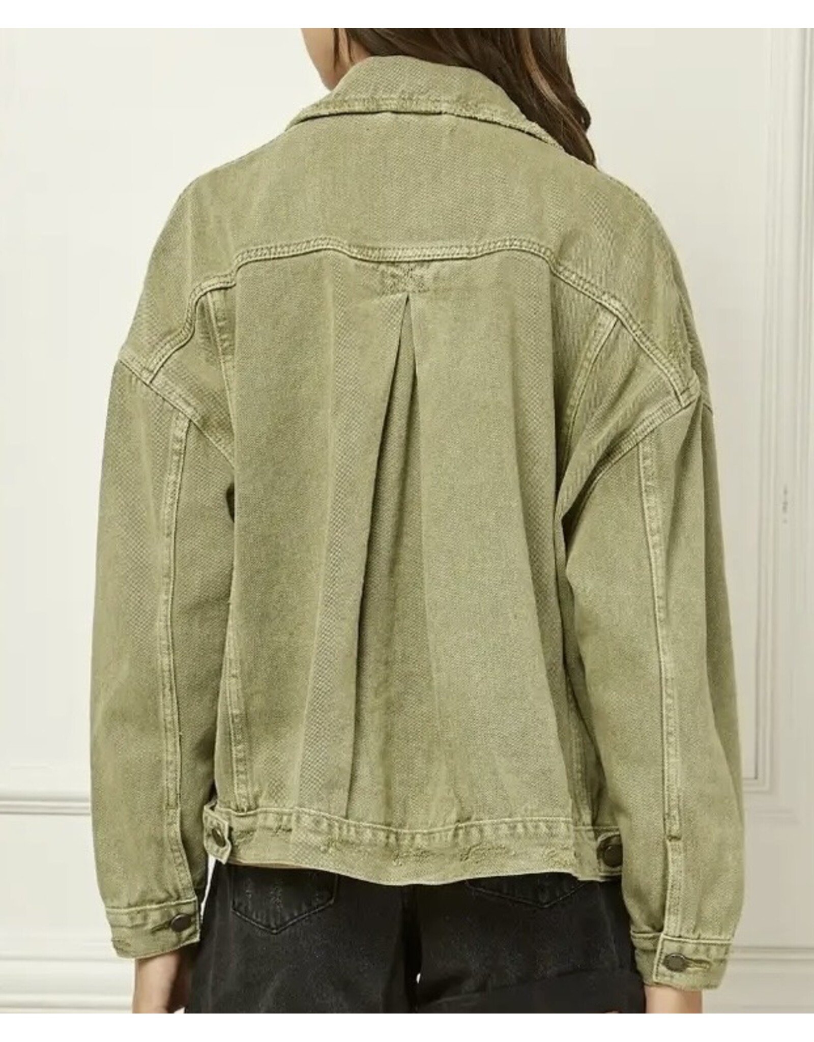 Olive Pleated Back Denim Oversized Jacket