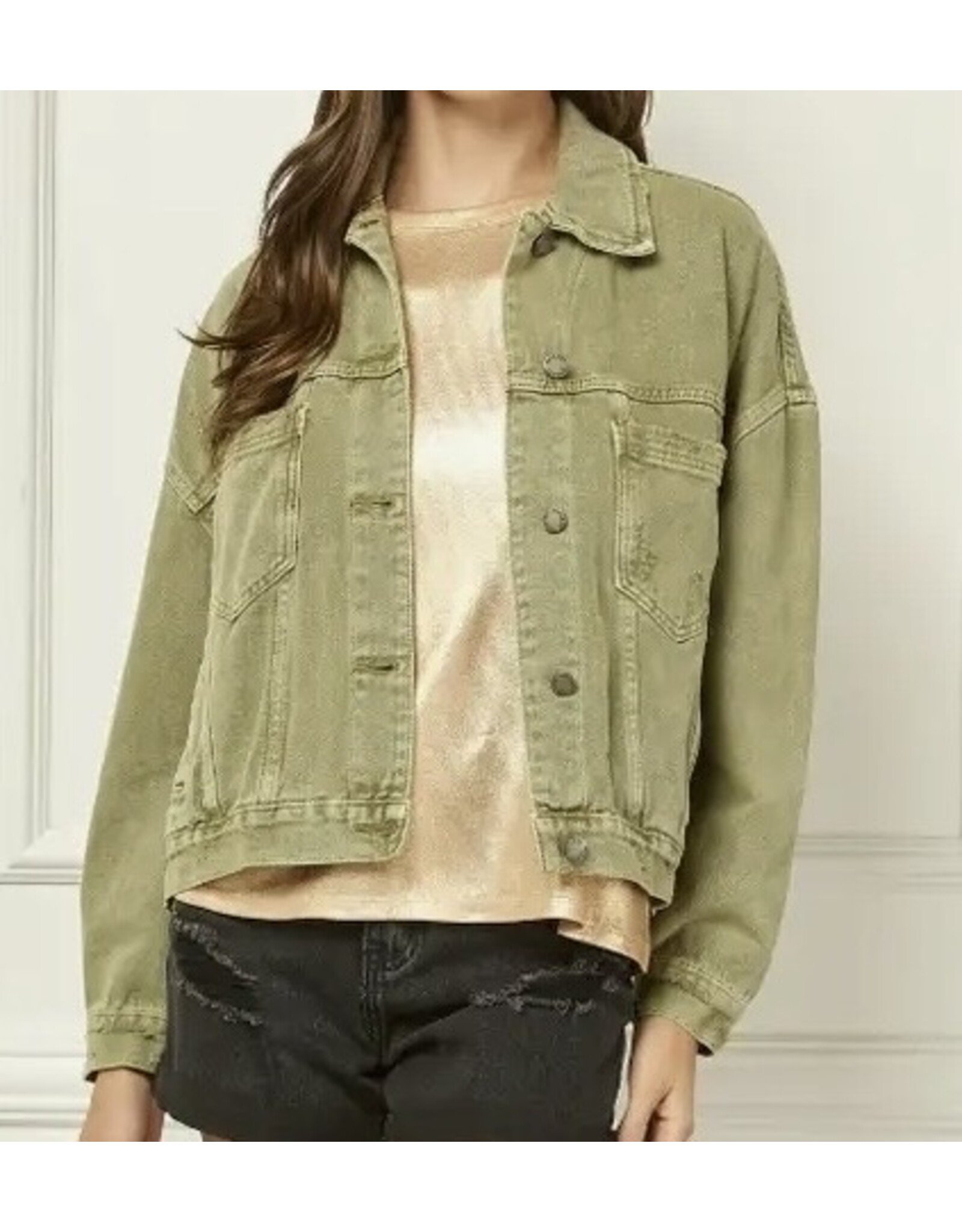 Olive Pleated Back Denim Oversized Jacket
