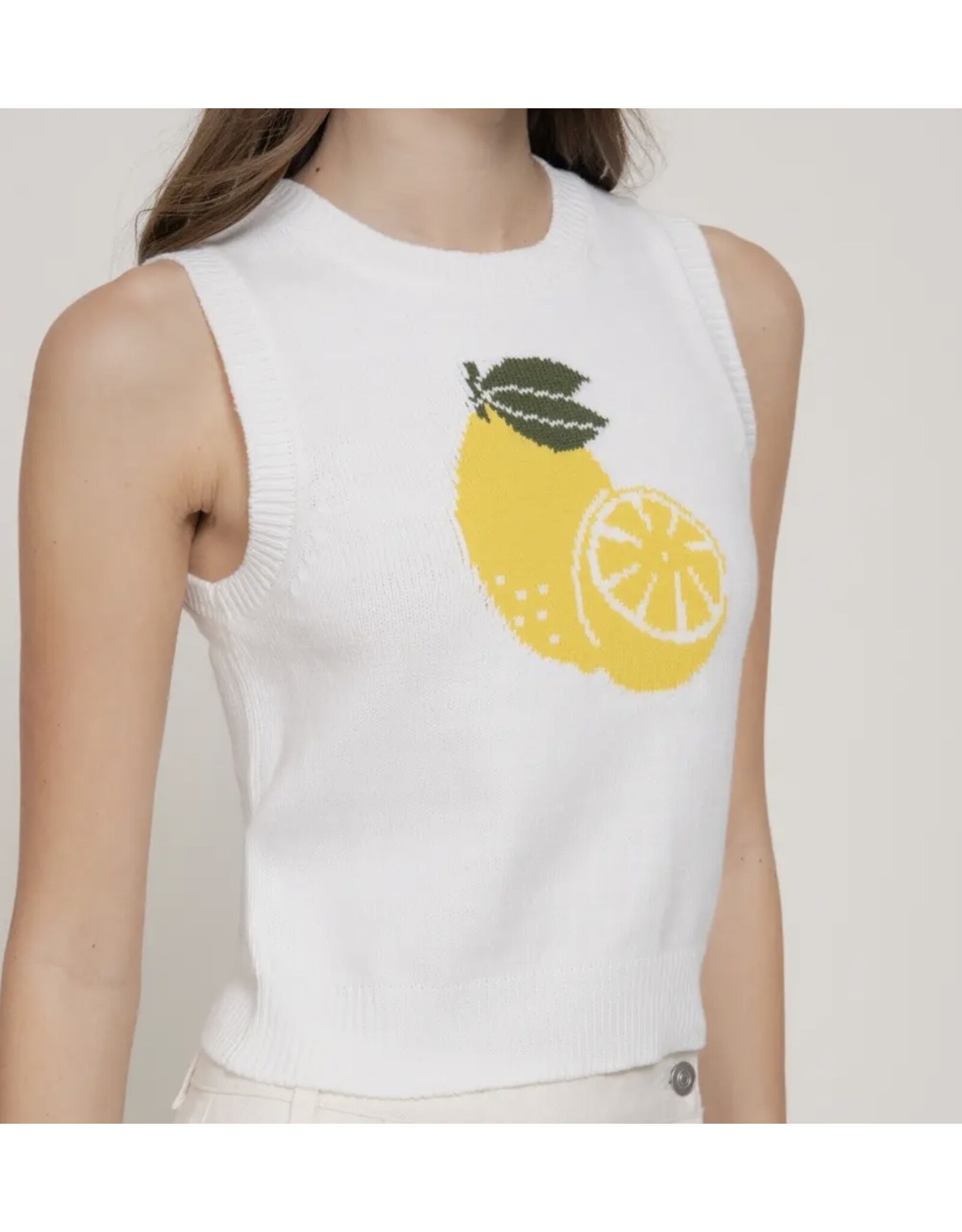 White Sleeveless Lemon Sweater Top