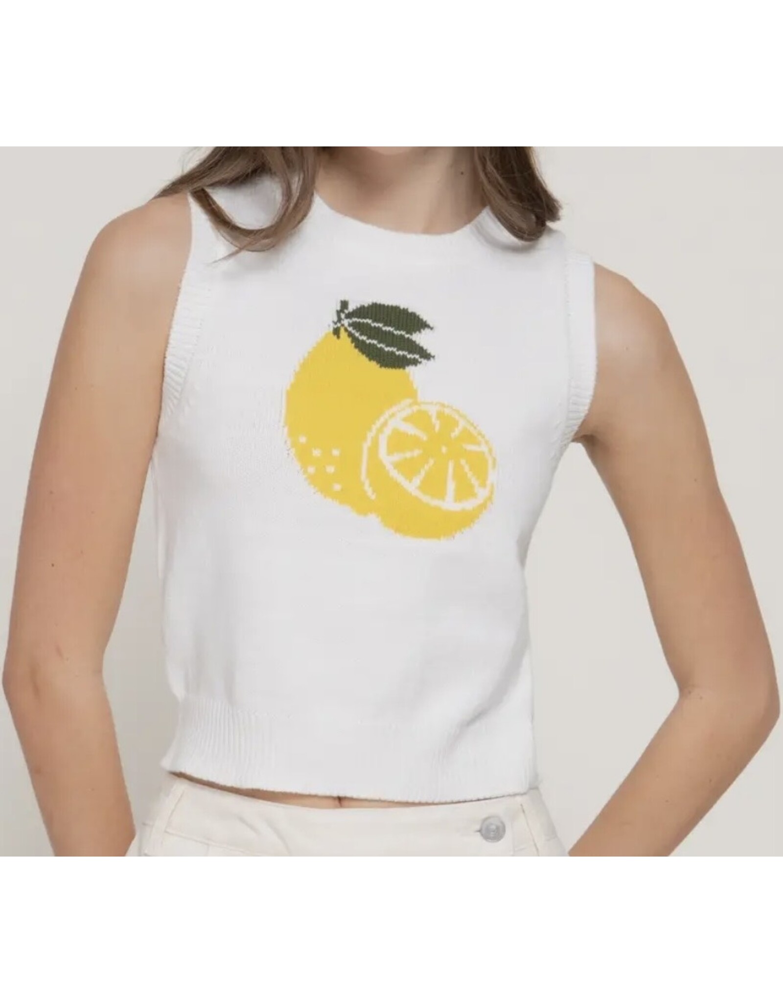 White Sleeveless Lemon Sweater Top