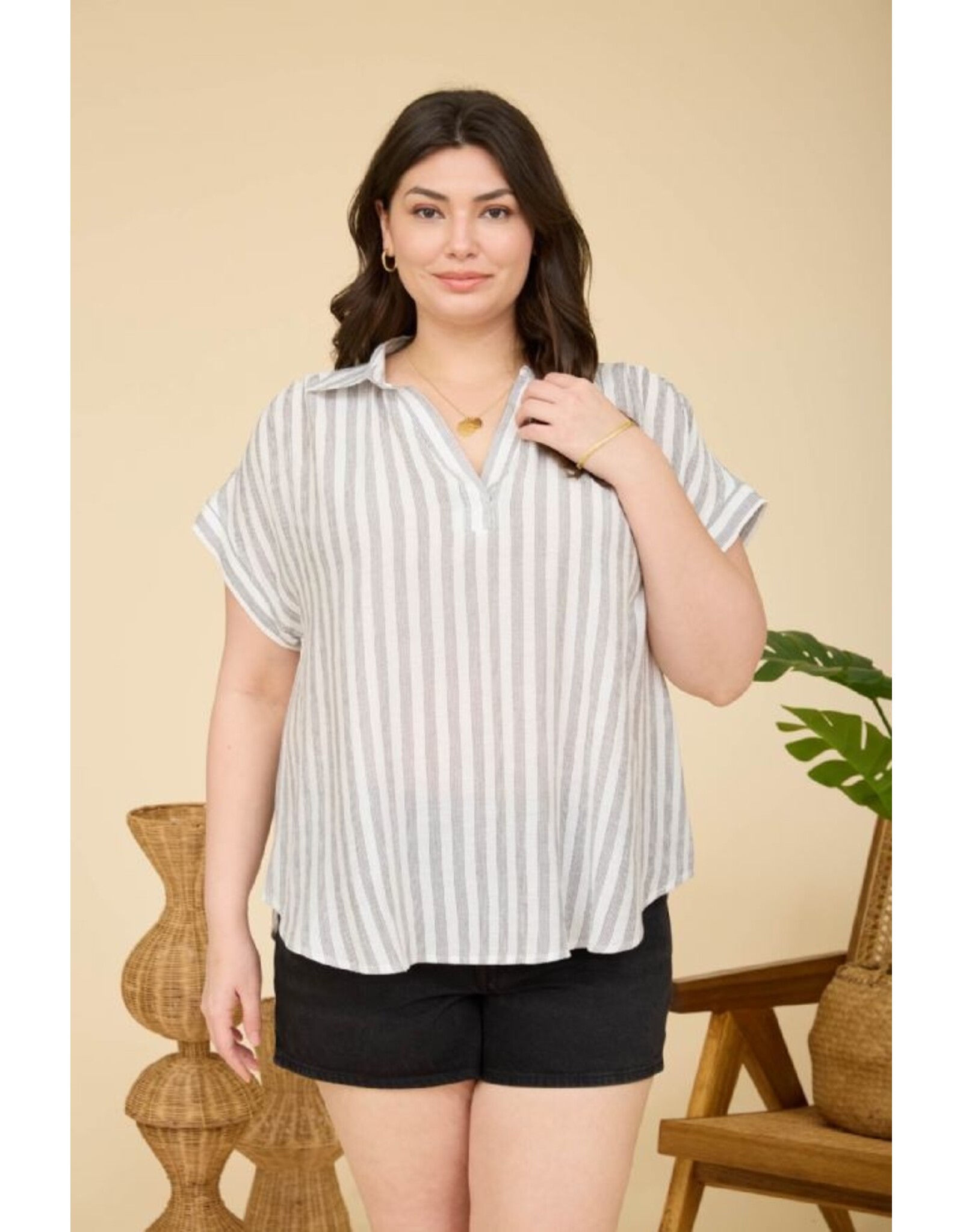 Plus stripe collared short sleeve top