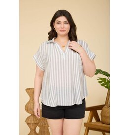 Plus stripe collared short sleeve top