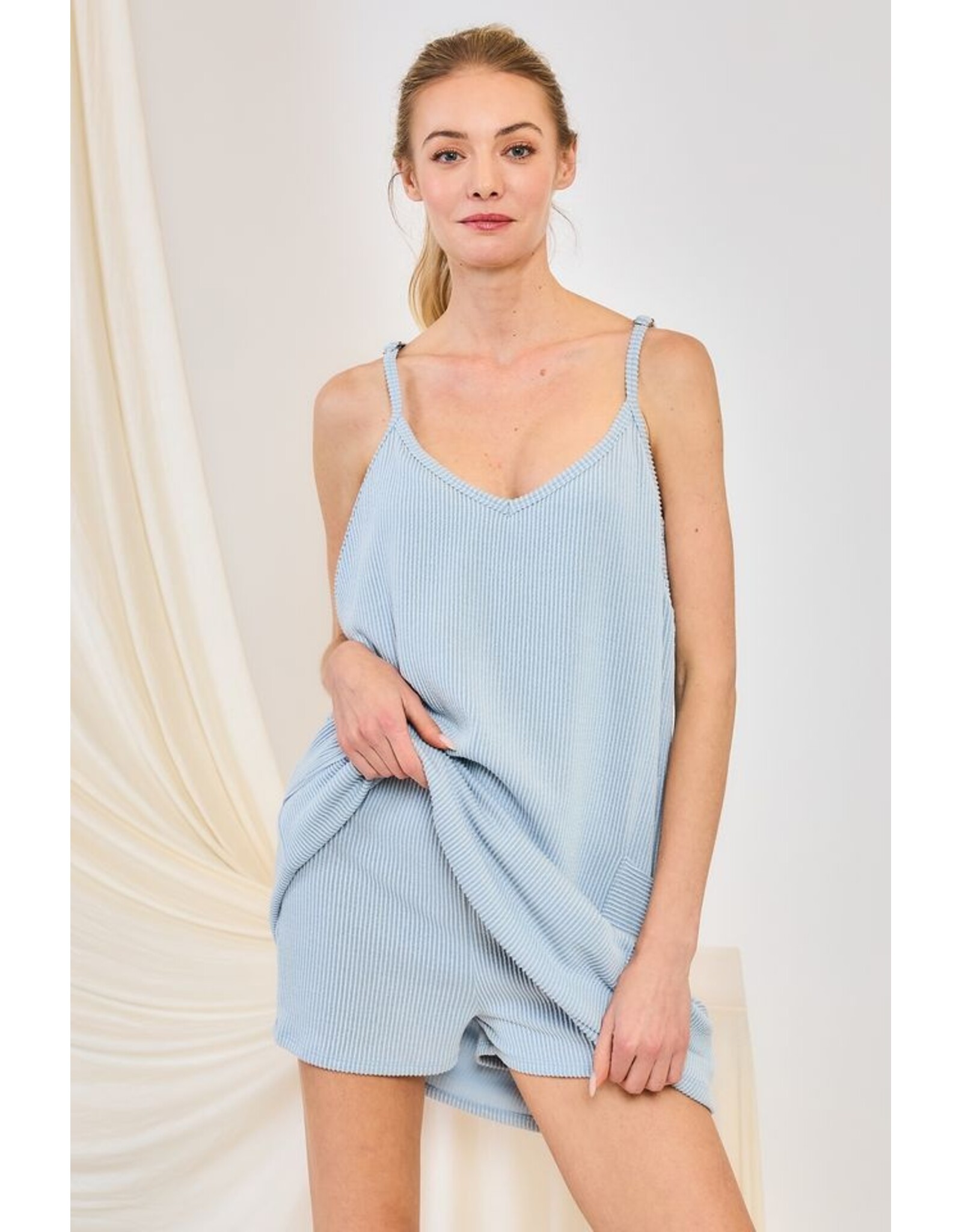 Mini wave rib v neck romper dress