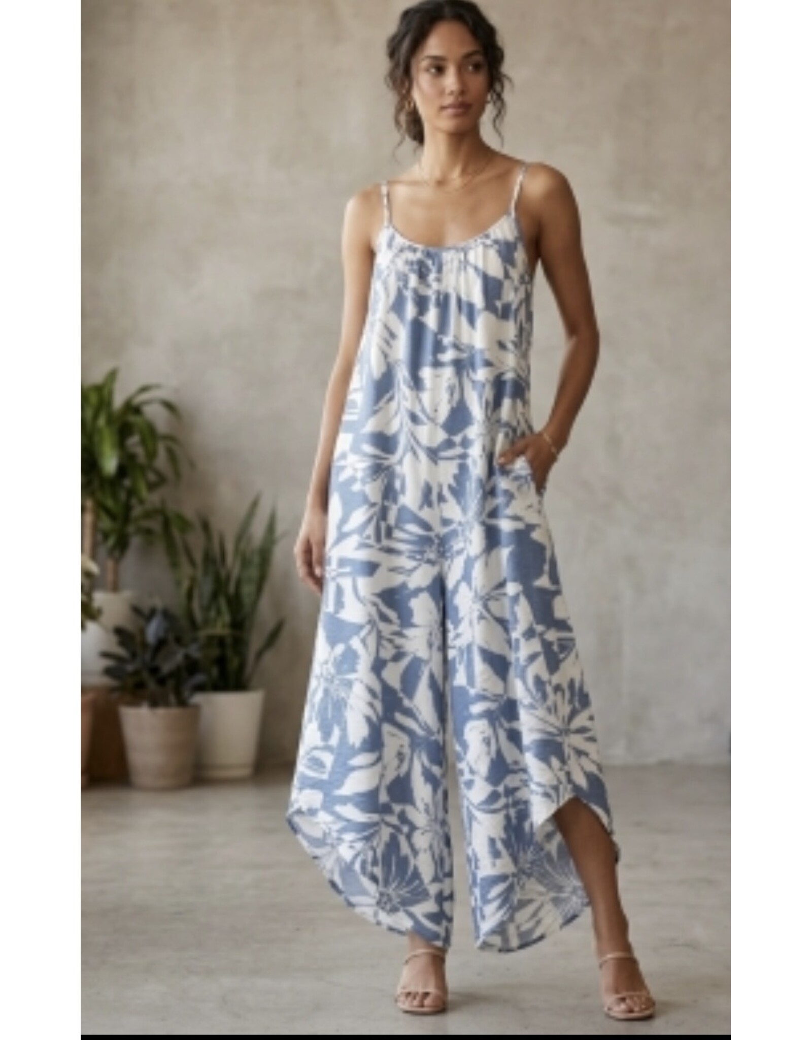 Tropical print spaghetti strap jumpsuit