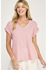 Hacci slub stripe cuff v neck tee