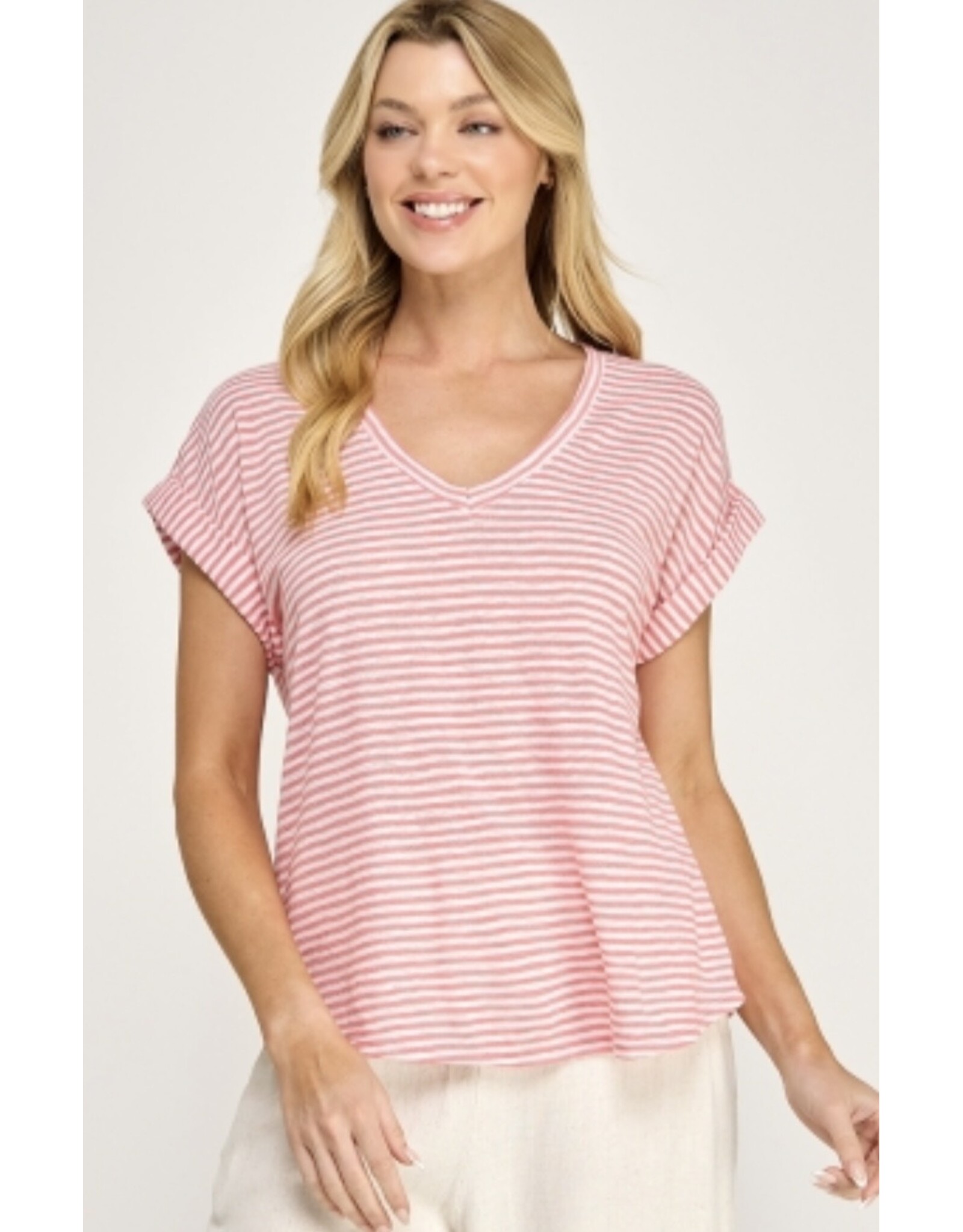 Hacci slub stripe cuff v neck tee