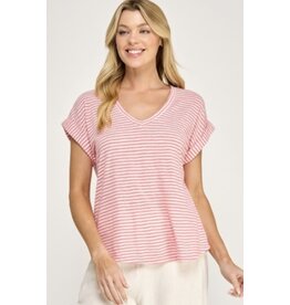 Hacci slub stripe cuff v neck tee