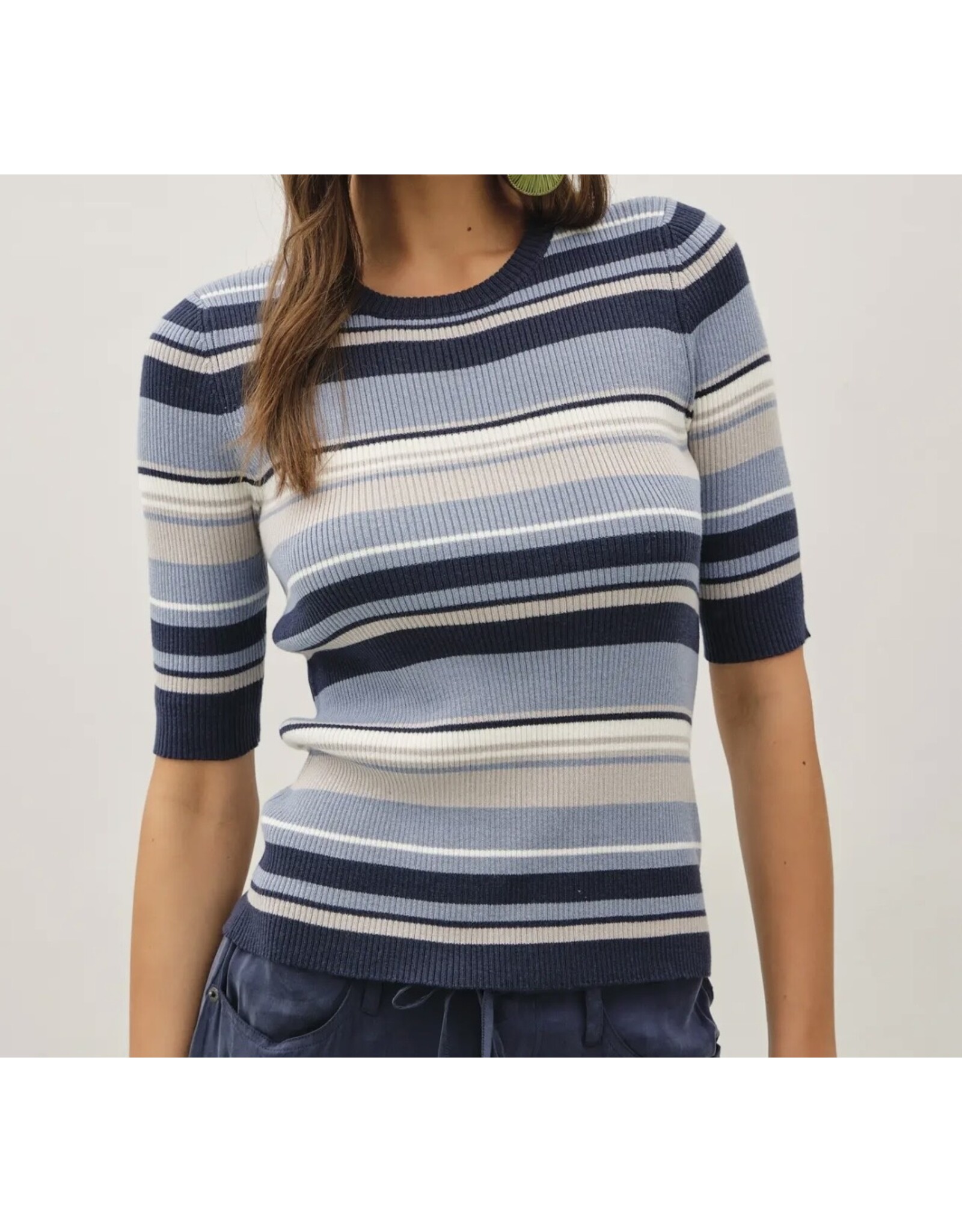 Blue Multi Stripe Ribbed Sweater Knit Top