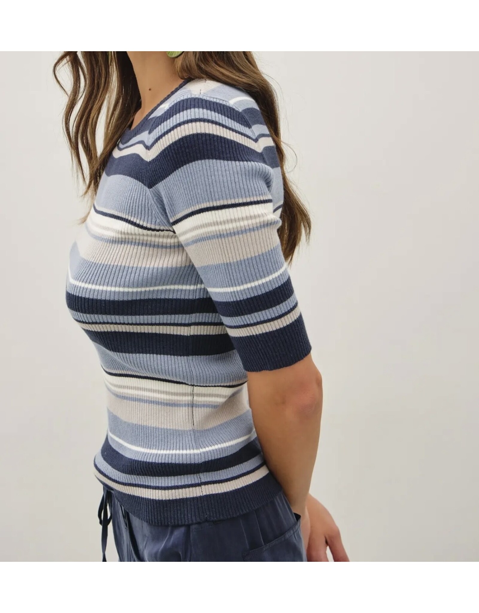 Blue Multi Stripe Ribbed Sweater Knit Top