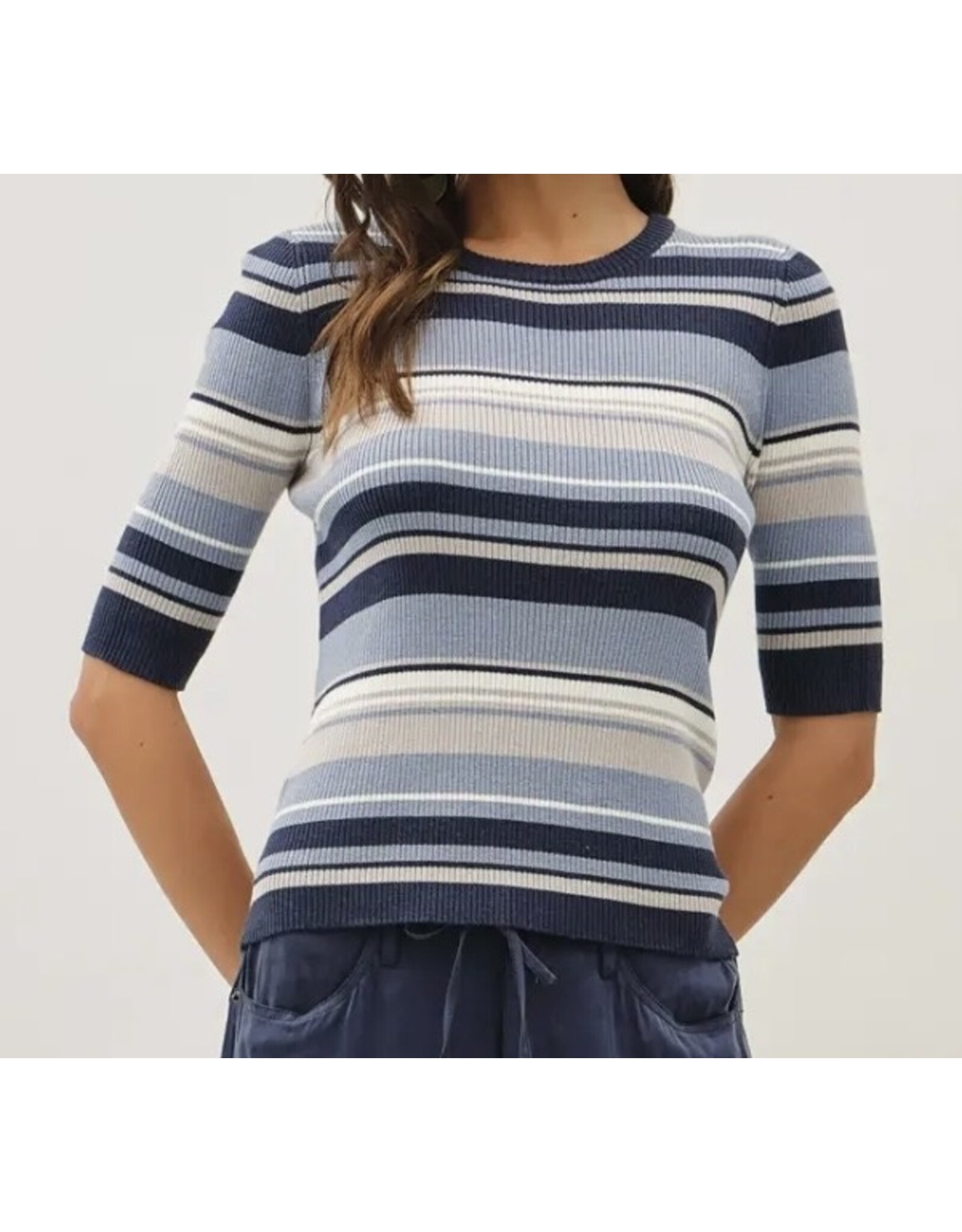 Blue Multi Stripe Ribbed Sweater Knit Top