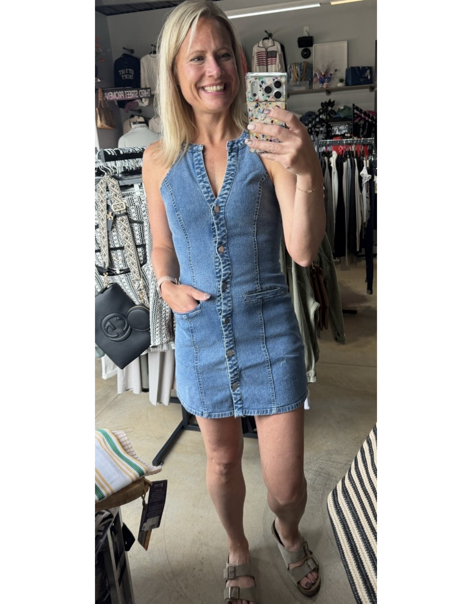Halter Neck Button Down Denim Mini Dress