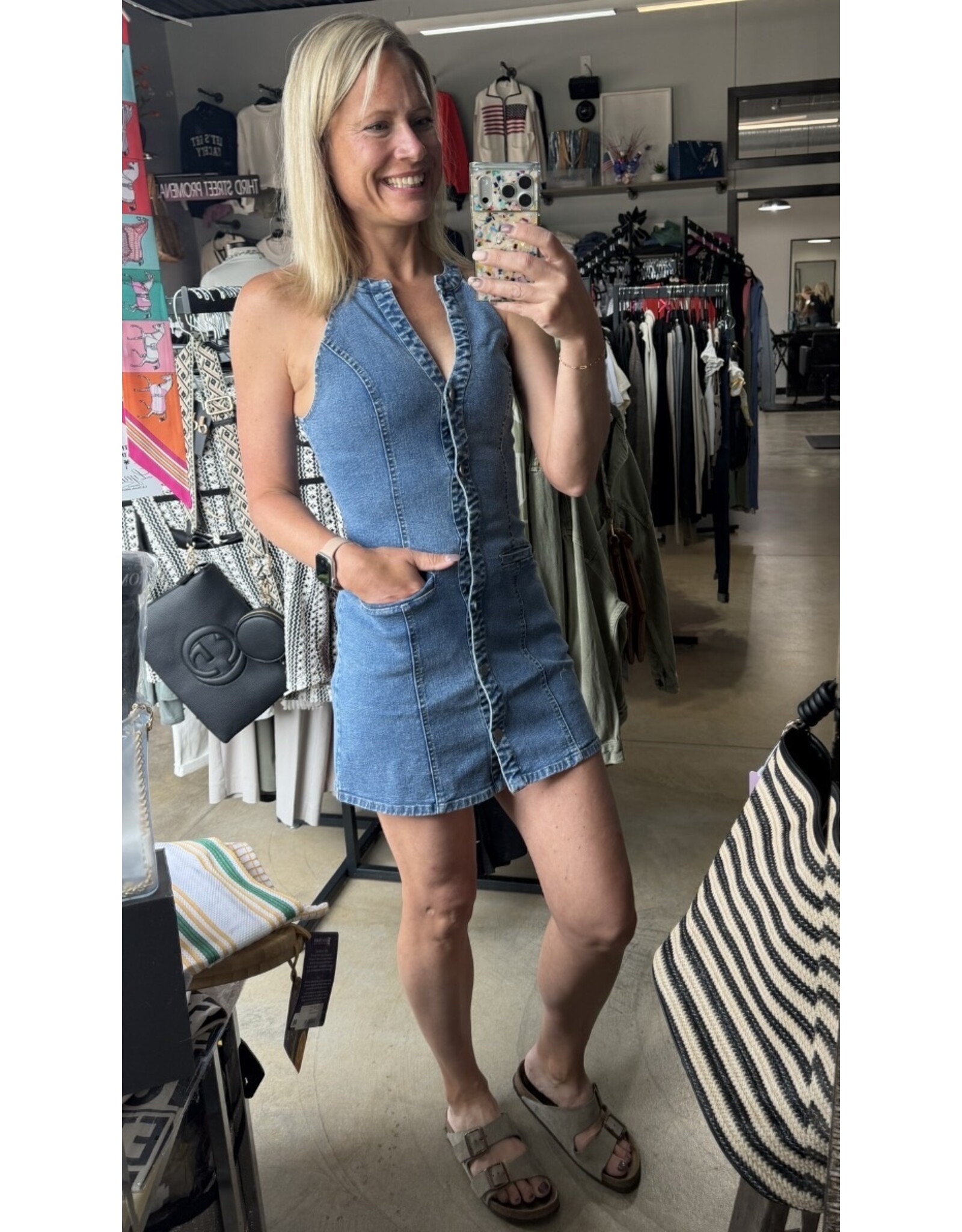 Halter Neck Button Down Denim Mini Dress