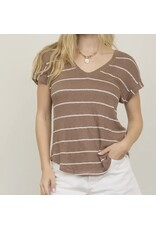 Stripe V Neck Cuffed S/S Knit Top