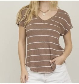 Stripe V Neck Cuffed S/S Knit Top