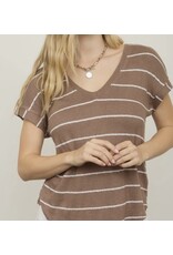 Stripe V Neck Cuffed S/S Knit Top