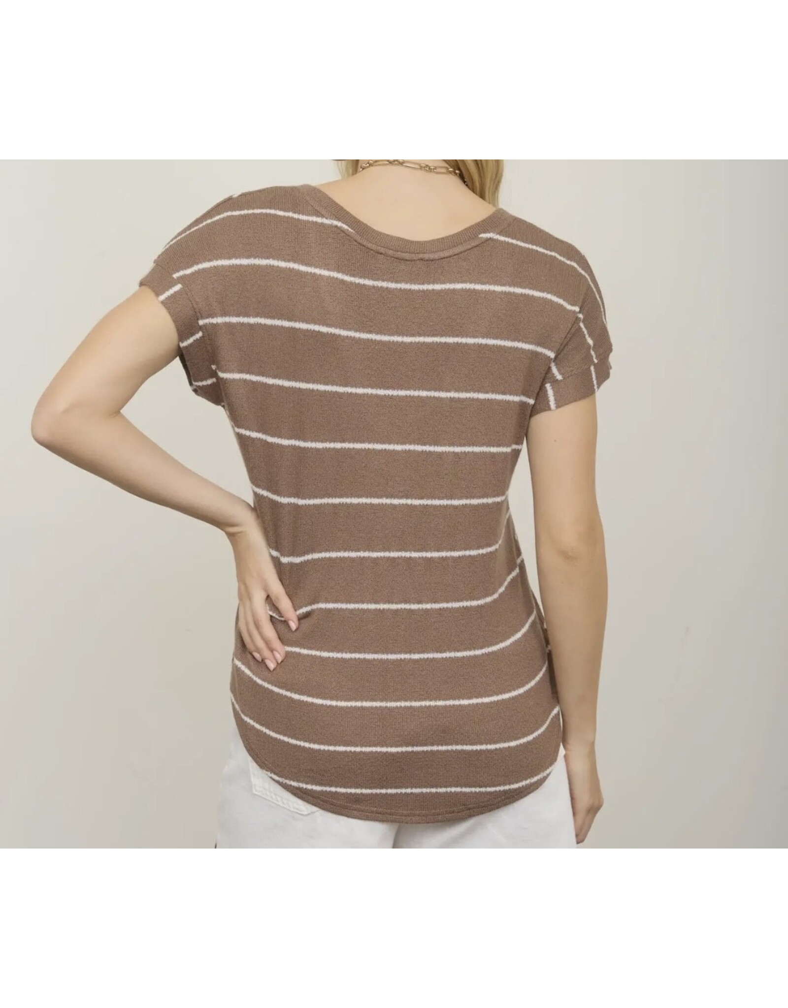 Stripe V Neck Cuffed S/S Knit Top