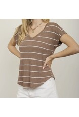 Stripe V Neck Cuffed S/S Knit Top