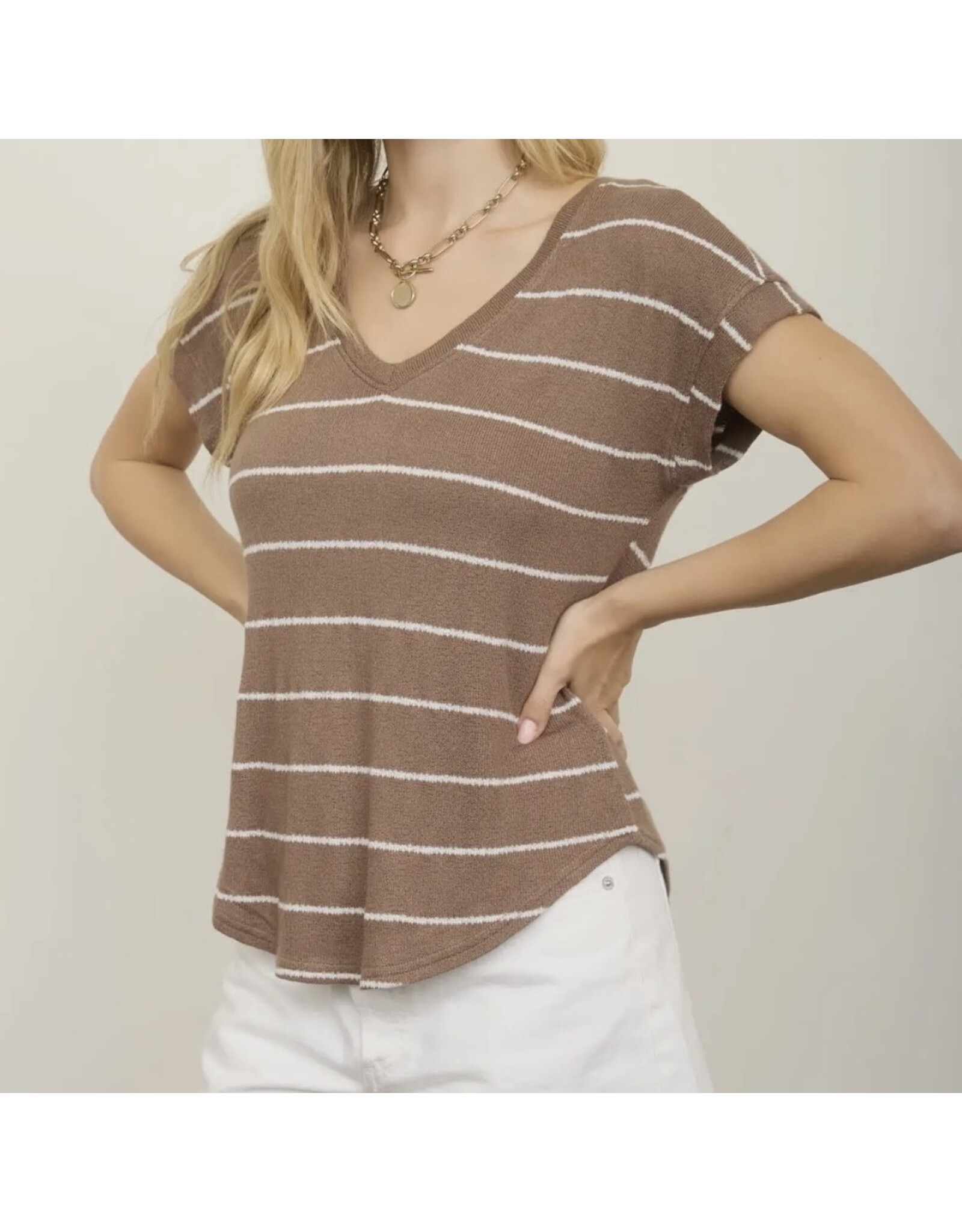 Stripe V Neck Cuffed S/S Knit Top
