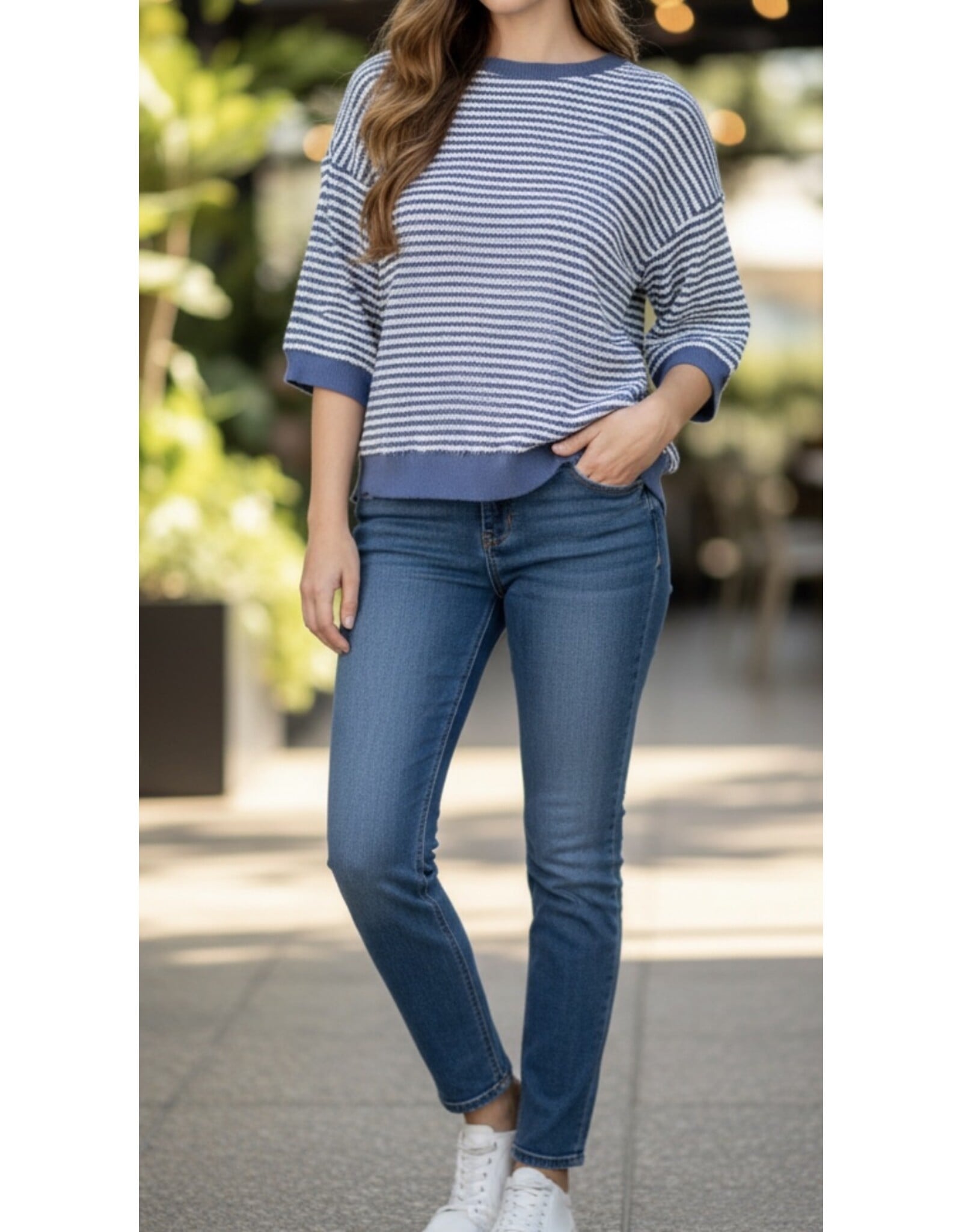 Denim Blue Stripe Textured Knit Top