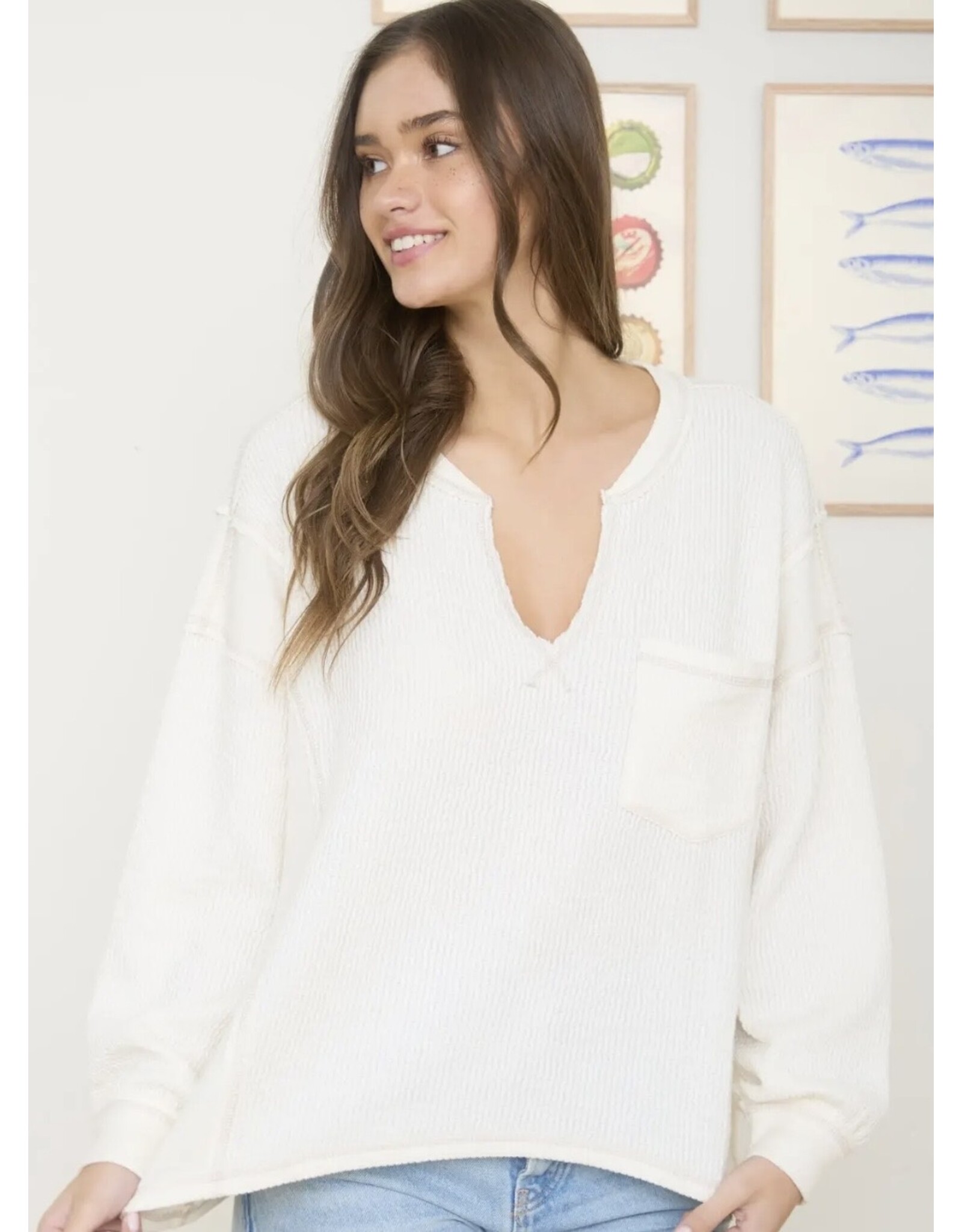 Blu pepper Split Neck Raw Edge l/s Ribbed Knit