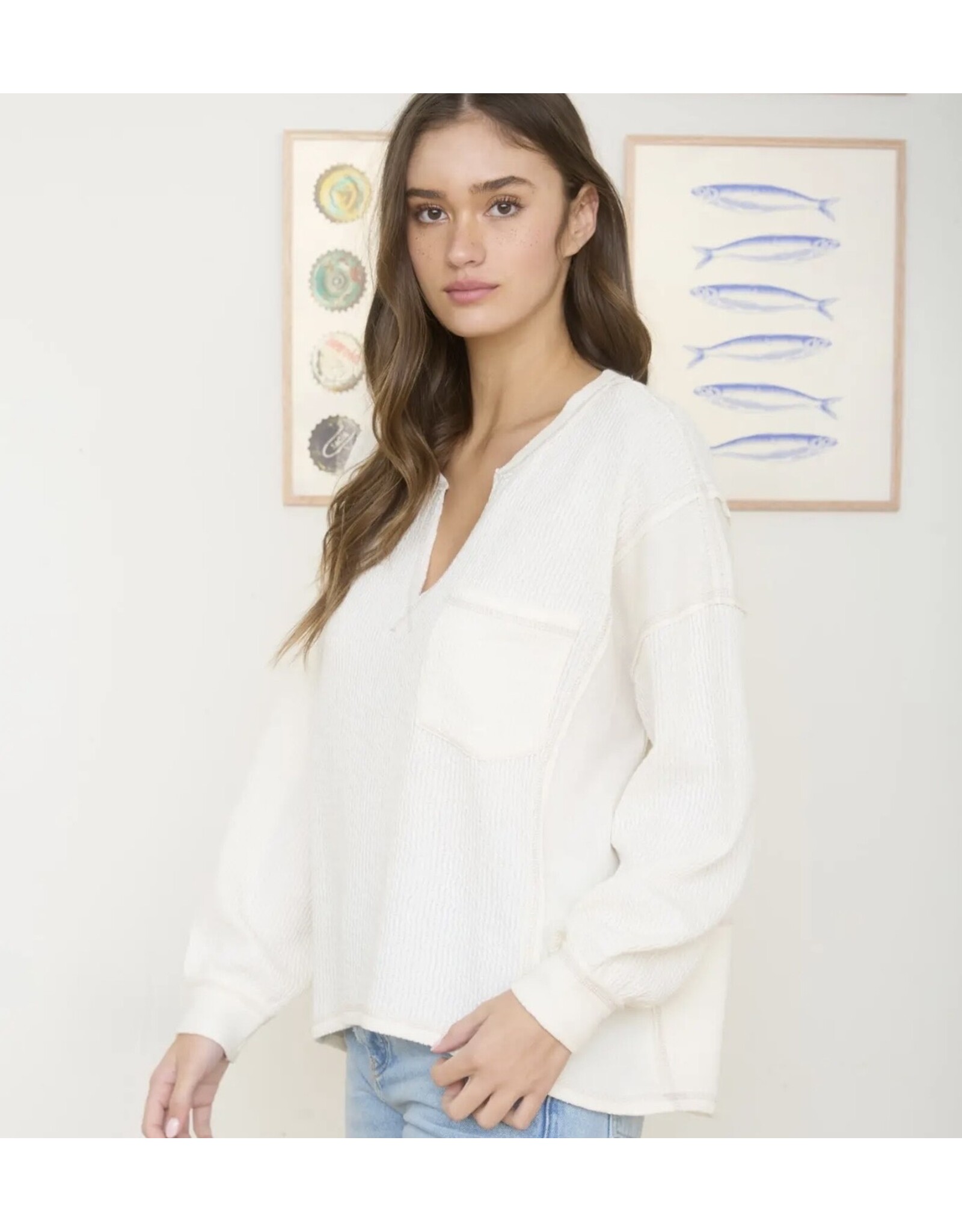 Blu pepper Split Neck Raw Edge l/s Ribbed Knit