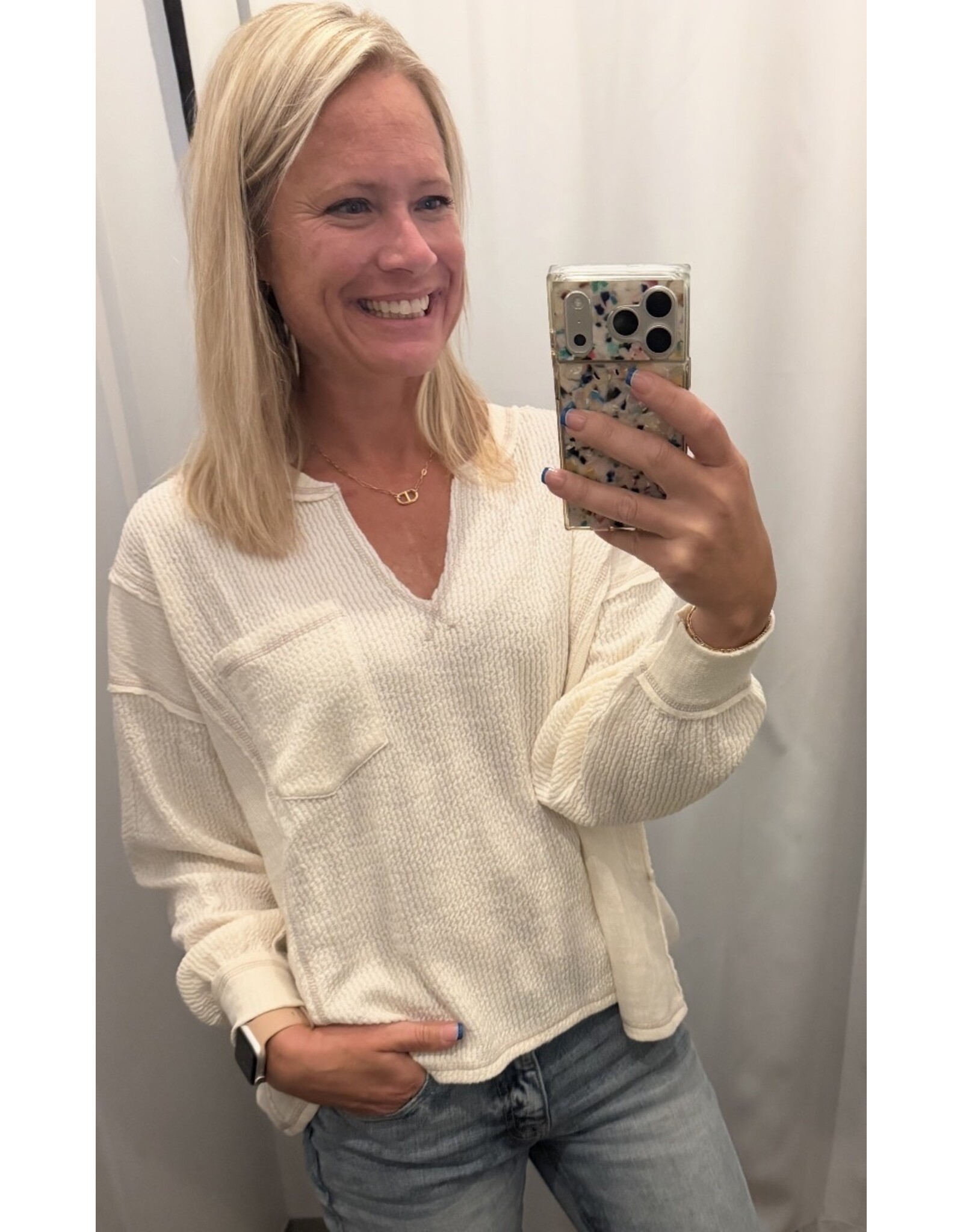 Blu pepper Split Neck Raw Edge l/s Ribbed Knit
