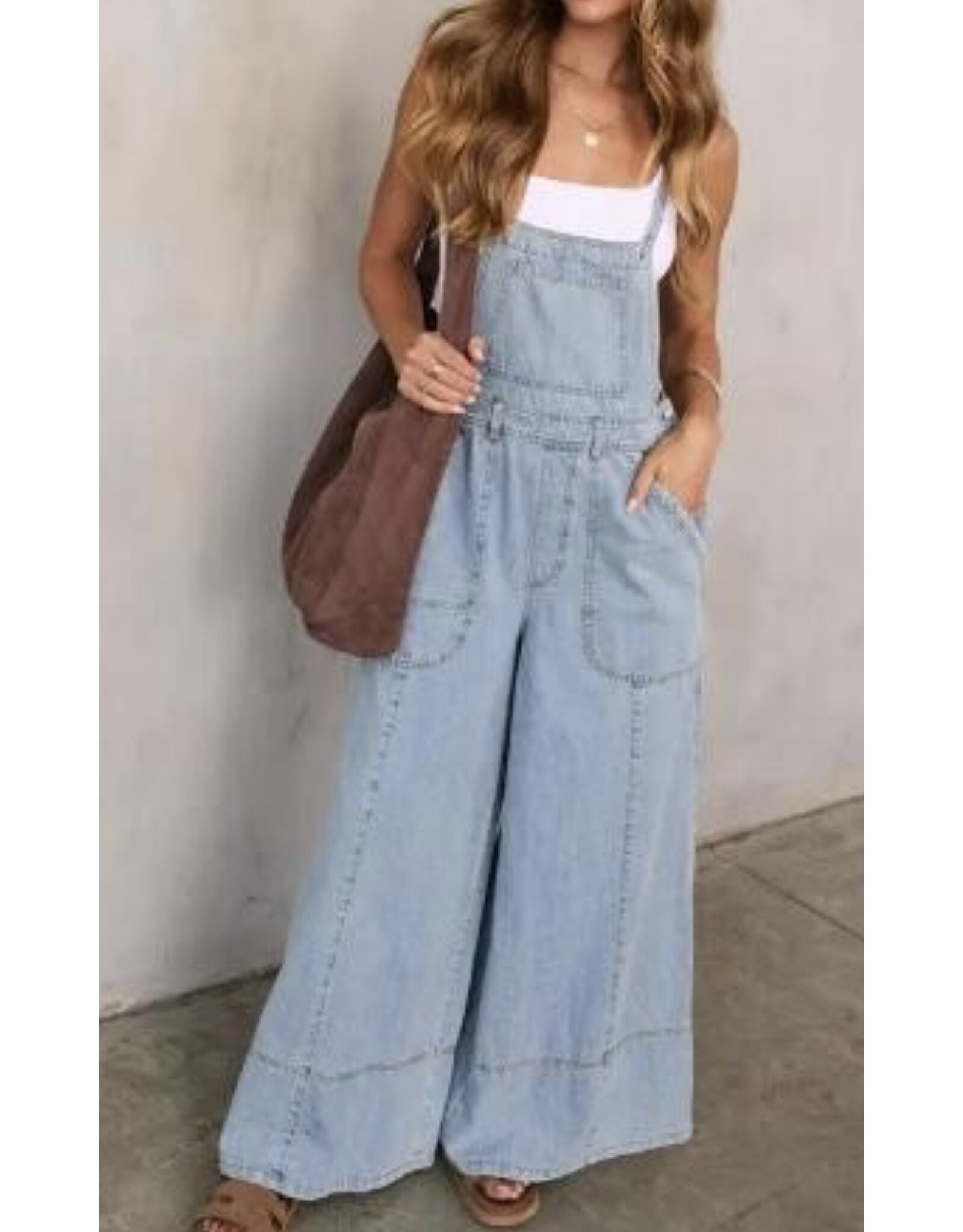 Wide leg denim overalls